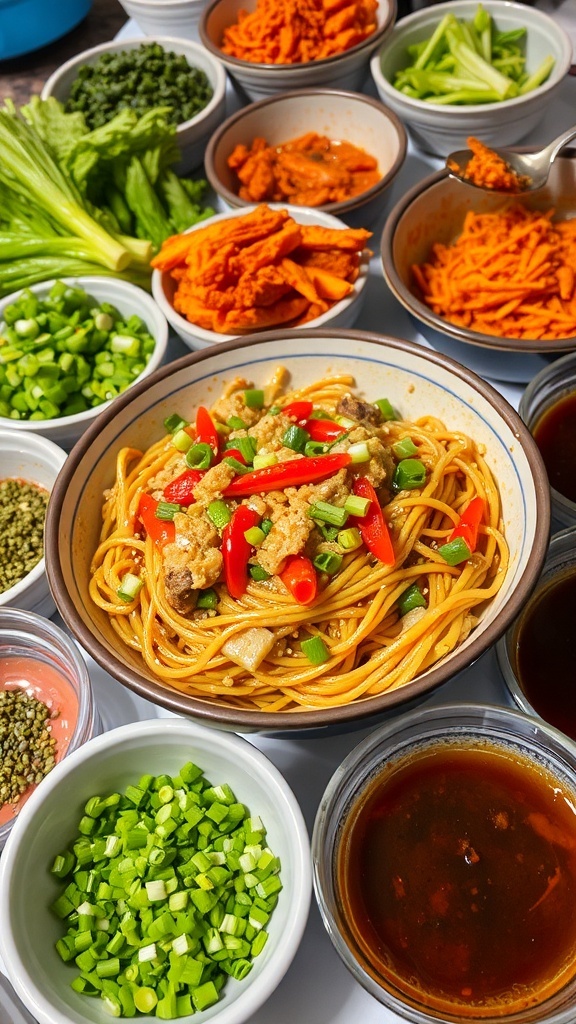 Homemade Noodle Bar Recipe A colorful noodle bar with stir-fried noodles, vegetables, and toppings on a table.